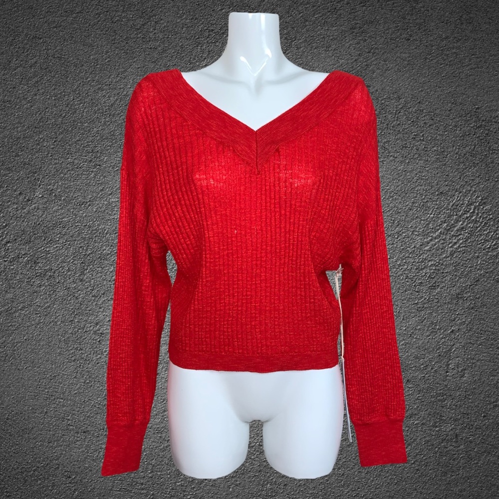 Lumiere Red Cotton V Neck and Back Sweater Small NWT